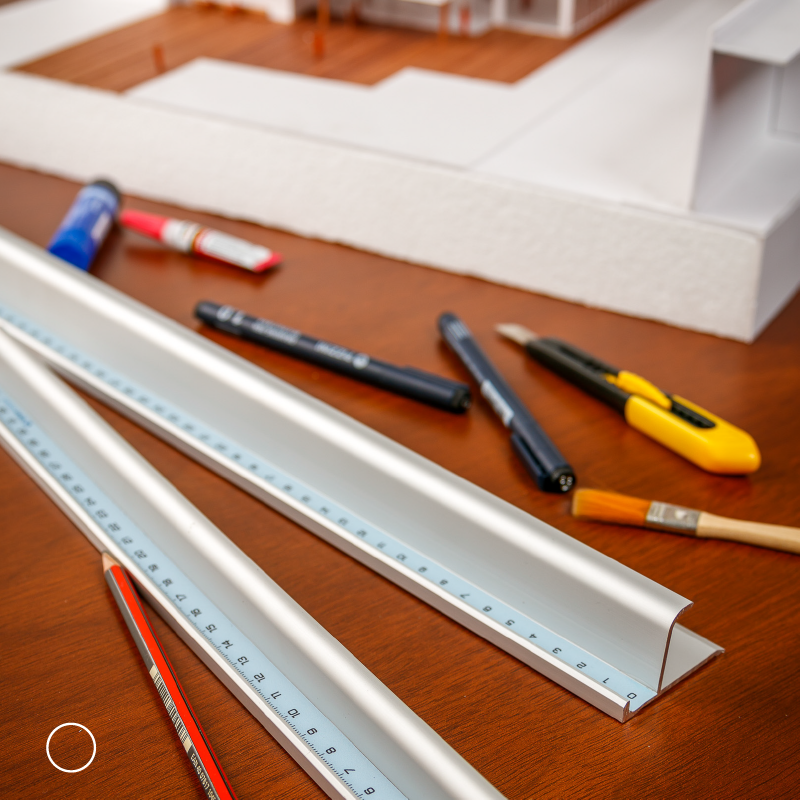 Ruler Protection sobre mesa de trabajo junto a herramientas de corte y maquetación